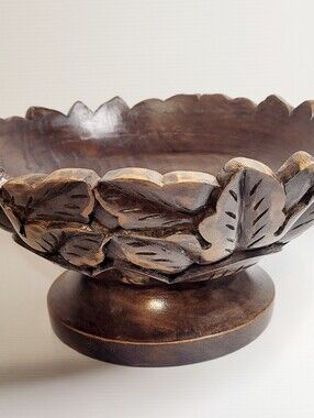 Hand Carved Wooden Leaf Bowl Pedestal Bowl Rustic Decor 11.5”